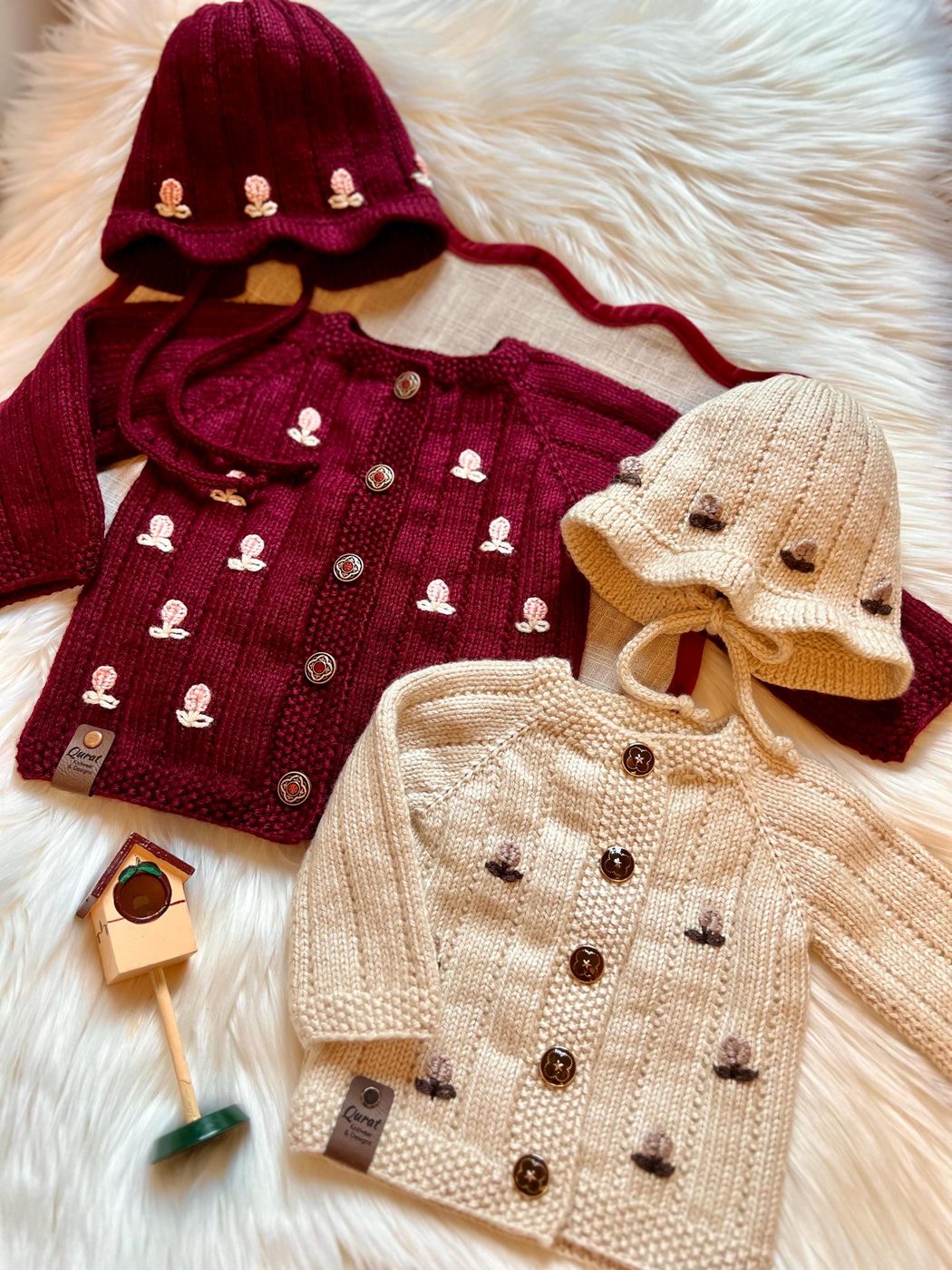 Baby cardigan & bonnet set, Ribbed, flower embroidery