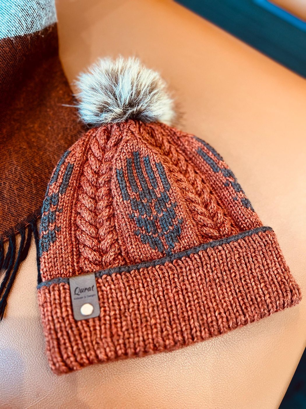 Rustic orange beanie, Hand embroidery, faux-fur pom